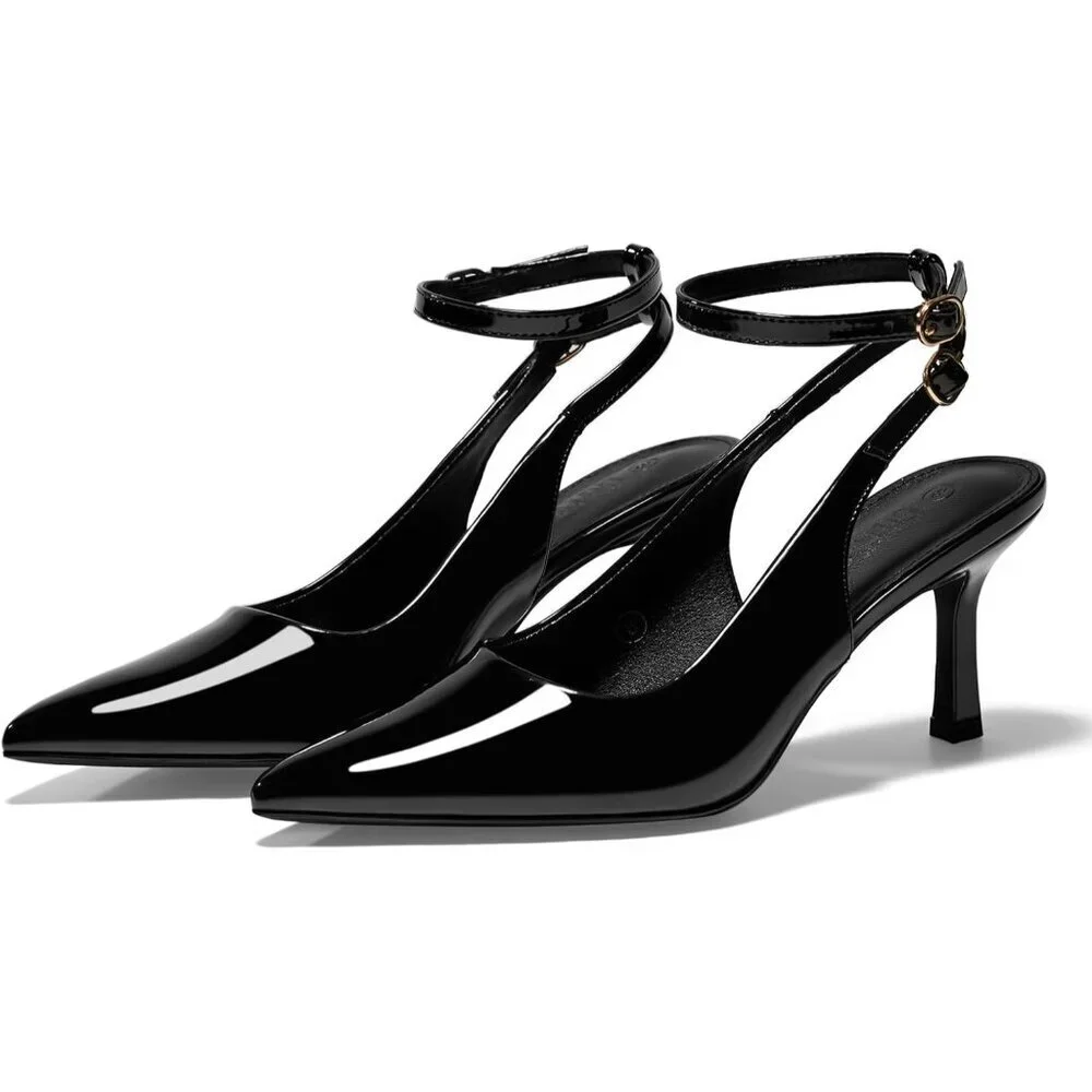 Women's Black Pointed Toe High Heels Slingback Stiletto Ankle Strap Pumps